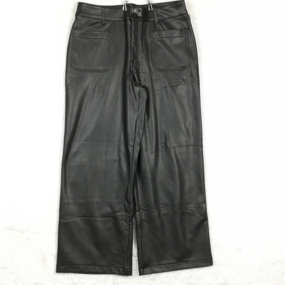 Edgely Womens Pants Wide Leg Ankle Black Faux Leather High Rise Long 14L New